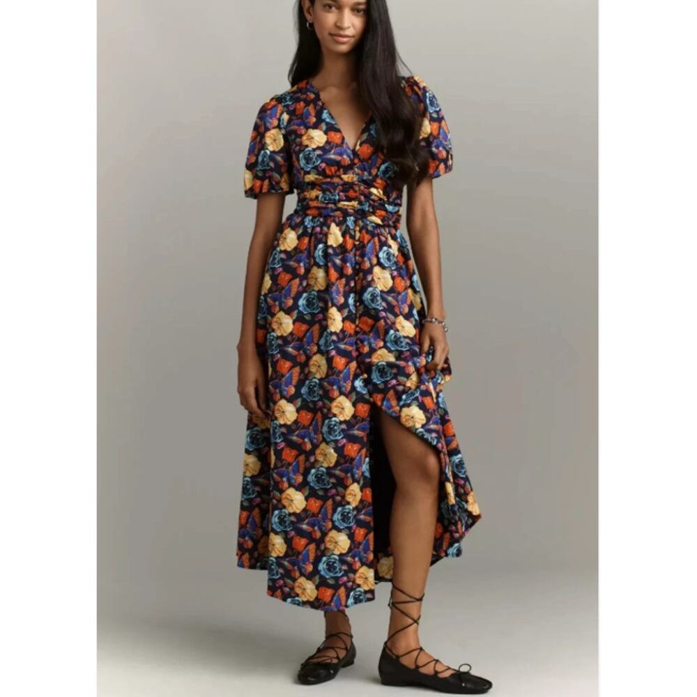 NEW NWT Anthropologie The Katerina Button-Front Dress Navy Floral Maxi Size XL - Picture 2 of 9